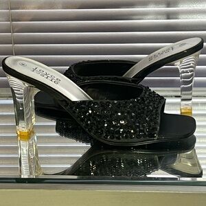 Joyce Leslie black sequin Lucite acrylic high heel sandal shoes heeled vintage